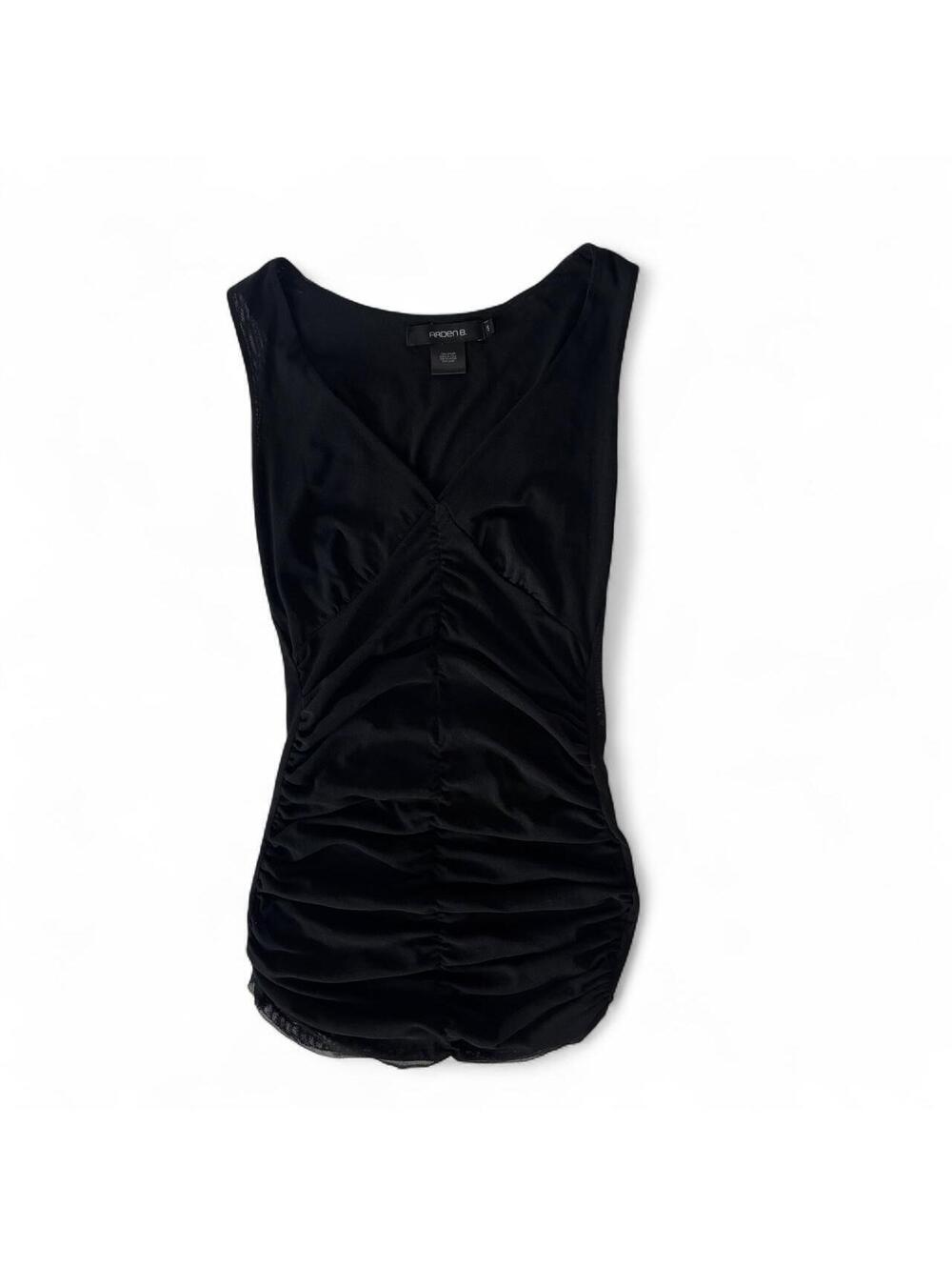 Vintage Arden B Black Mesh Ruched Tank Top Small Y2K V-Neck Made in USA